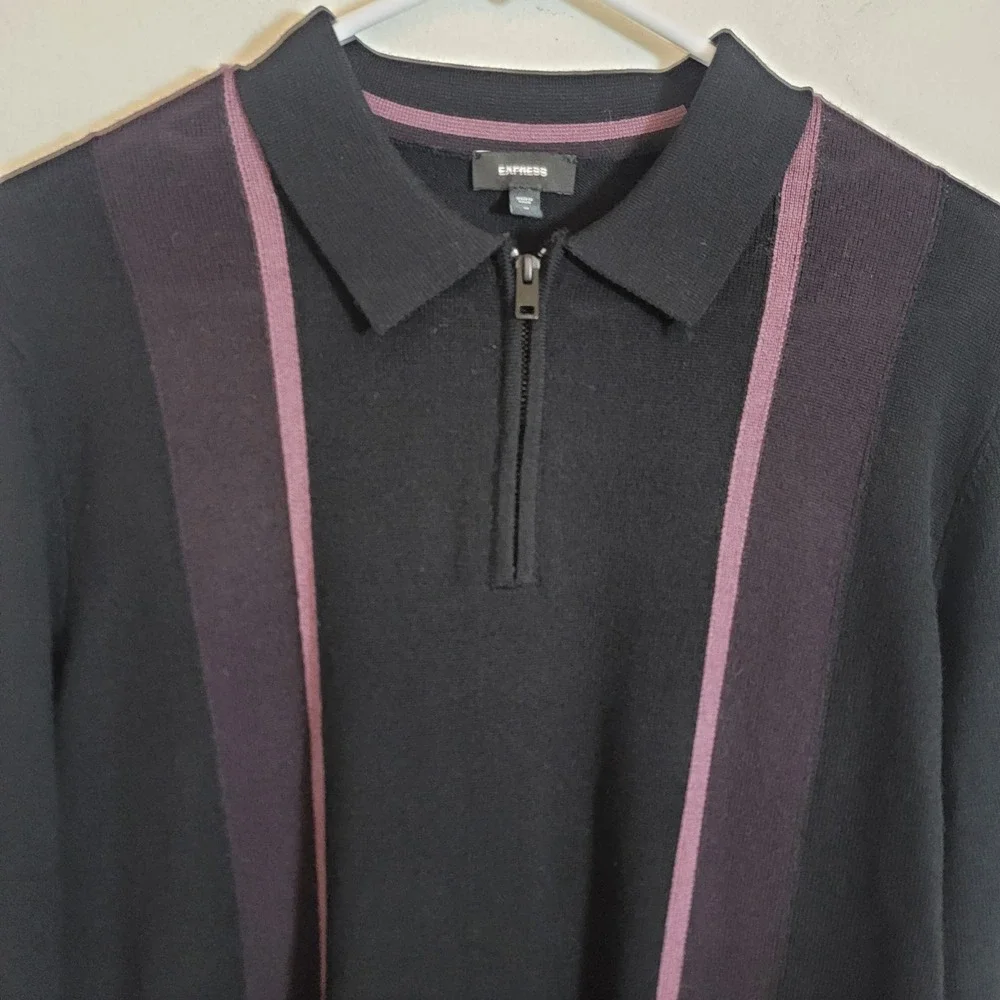 Express 100% Merino Wool Quarter Zip Polo Sweater Black Purple Stripe Medium